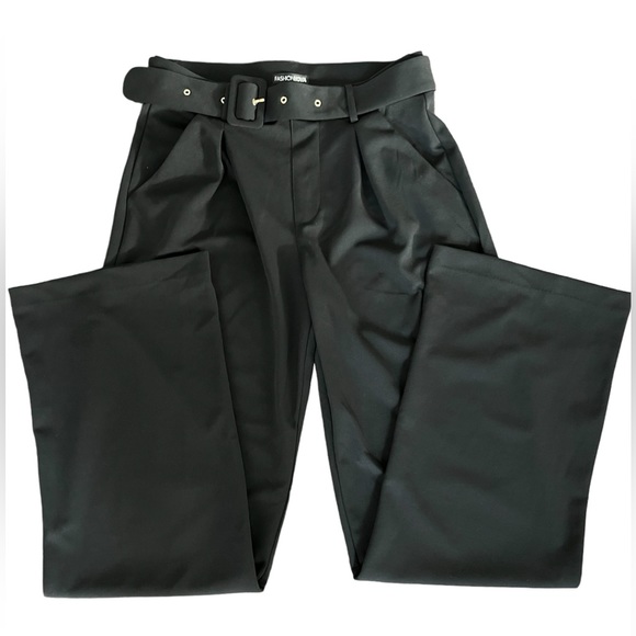 Fashion Nova Belted Wide Leg Pants, Black Dress Pants - Picture 4 of 6